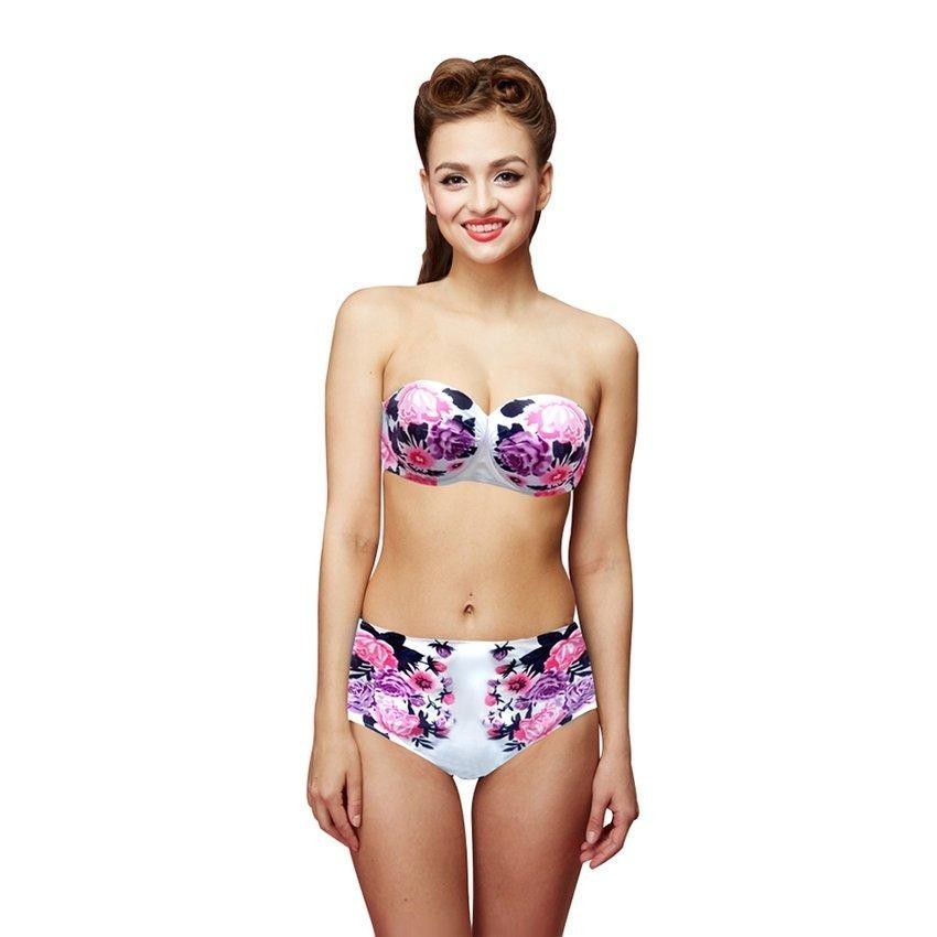 Woogoing WG81797pi Retro High Waist Floral Pattern Bikini Set Purple