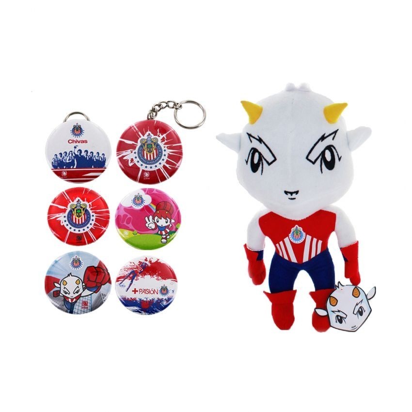 Kit de Souvenirs Oficiales Chivas: 1 Peluche 9” + 1 kit de Fotobotones (6 piezas)