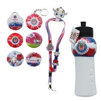 kit de Souvenirs Oficiales Chivas: 1 Listón a cuello + 1 Kit de Fotobotones (6 piezas) + 1 Chivalindro